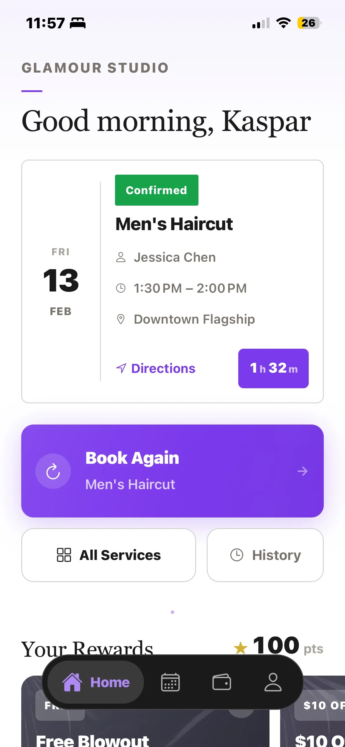 Home screen with upcoming appointment, quick rebooking, and loyalty rewards