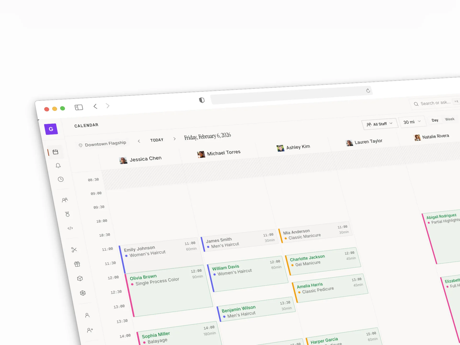 Calendar day view with staff columns and color-coded appointments