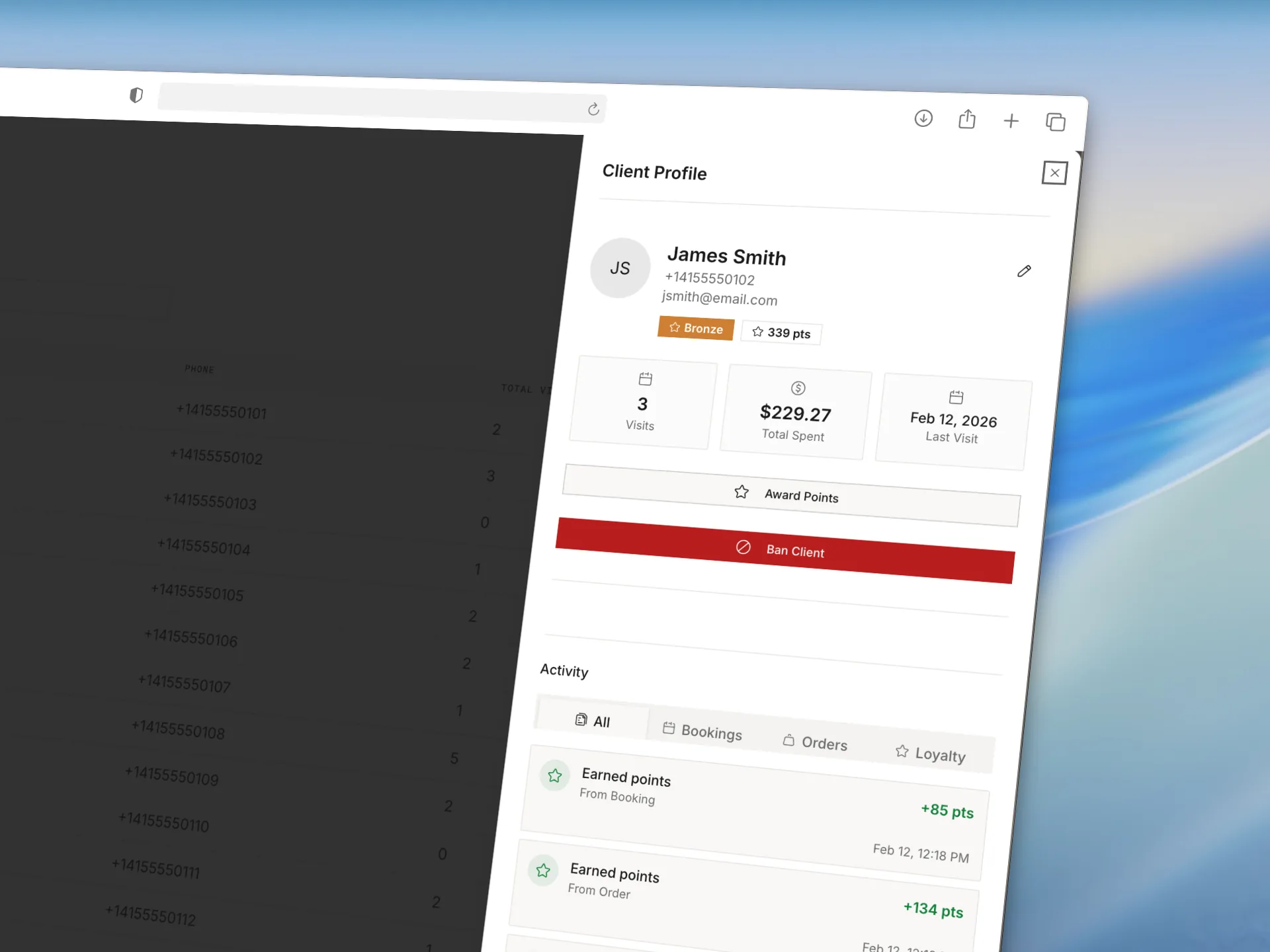 Client profile with loyalty tier, visit history, and activity feed