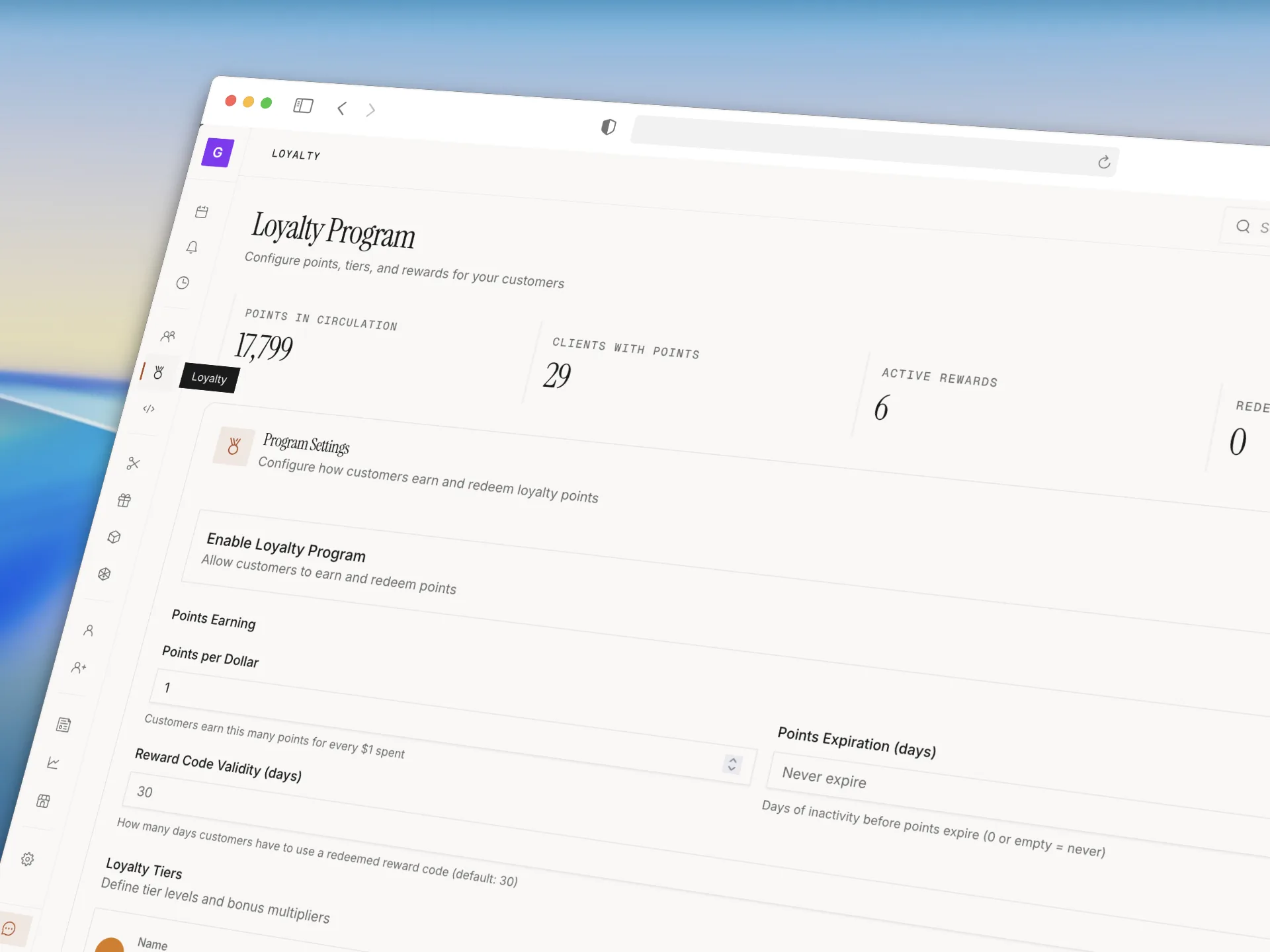 Loyalty program settings with points, tiers, and rewards configuration