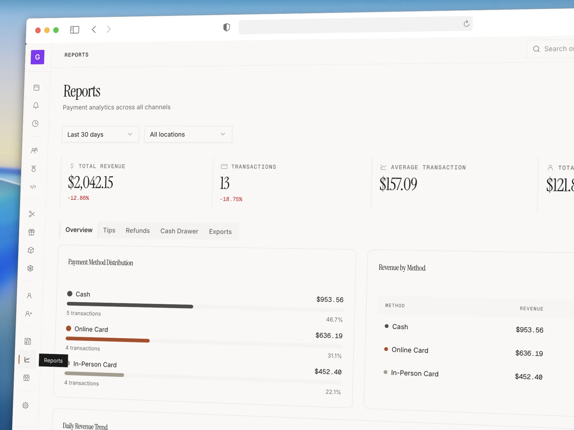 Reports dashboard with revenue breakdown and payment analytics