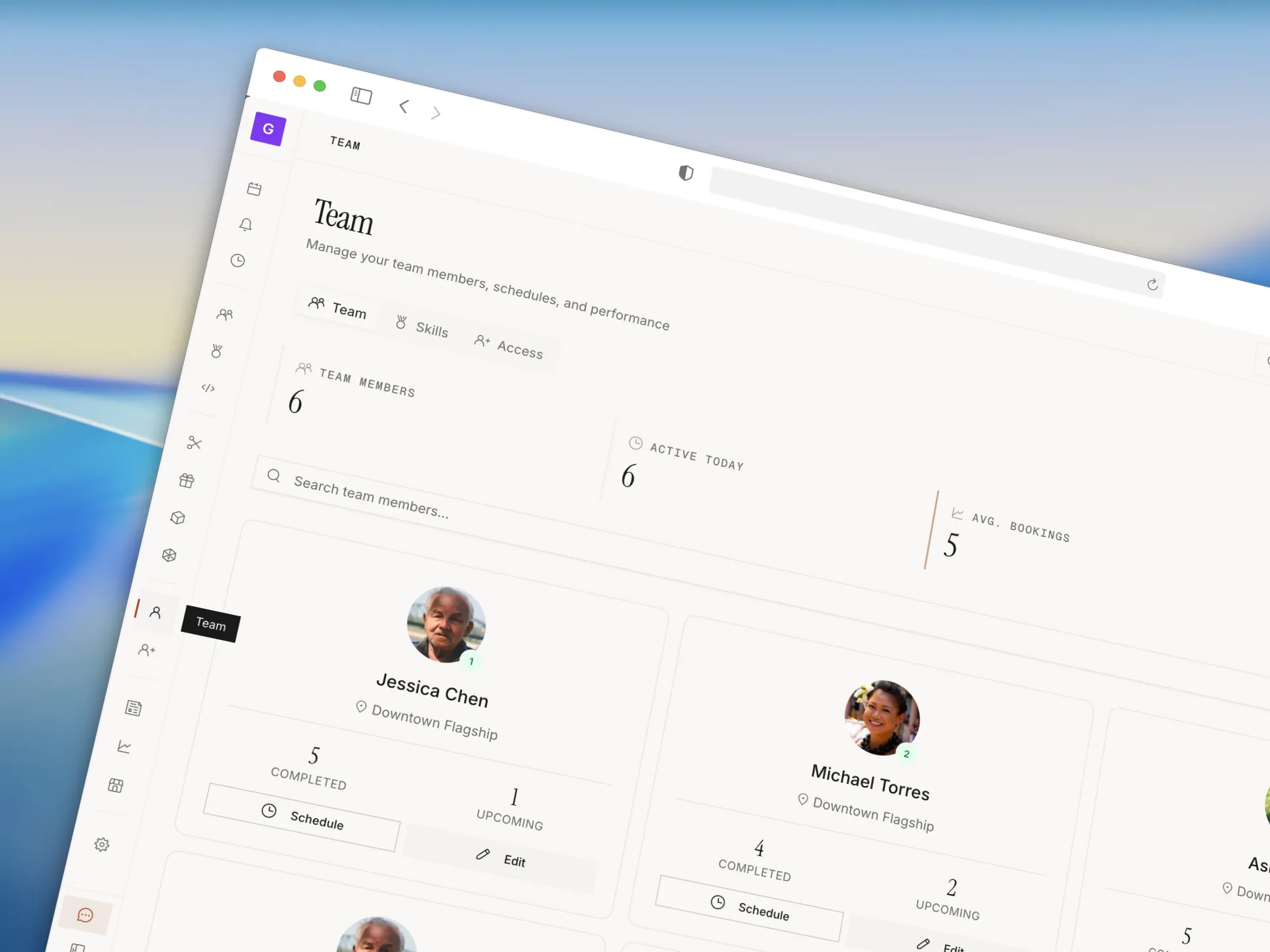 Team management showing staff cards with bookings and schedules